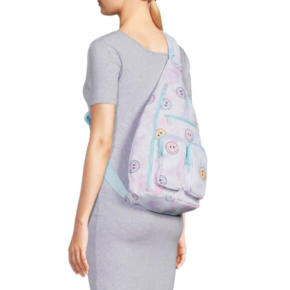 No Boundaries Handbags - NO BOUNDARIES Women's Hands Free Cargo Sling Handbag Tie Dye Smiley Print